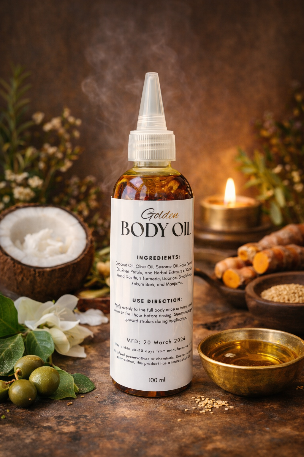 Priaces Golden Body Oil Bottle on display